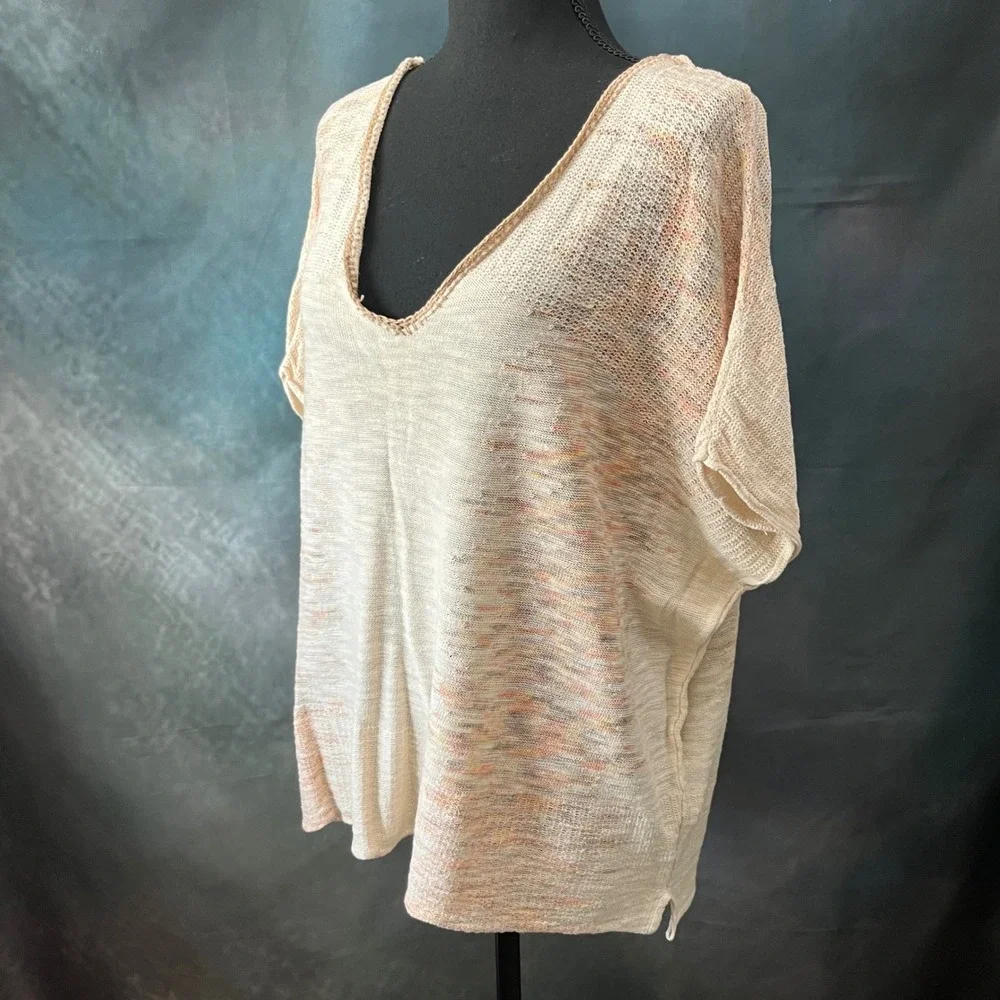 Free People Womens Medium Cream Space Dye V-Neck Knit Top‎ Cotton Linen Blend